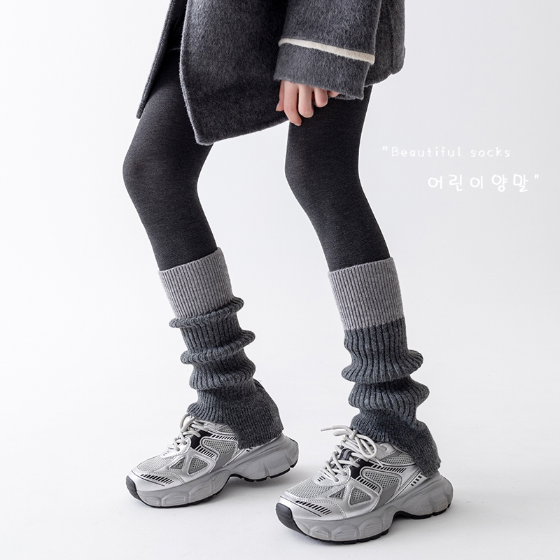 时尚拼色堆堆袜套女y2k秋冬针织毛线腿套灰色加厚保暖小腿袜韩版
