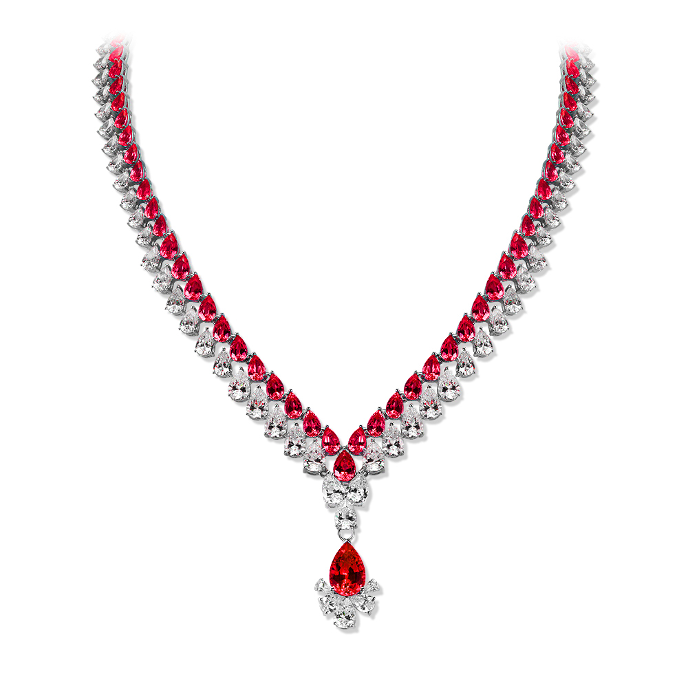培育红宝石N3873 拼色满钻镶嵌鸽血红色奢华满钻项链