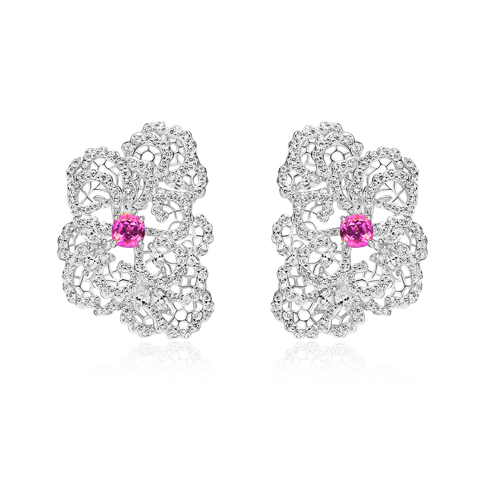 培育蓝宝石E4129【蕾丝裙边】镶嵌热粉色精致满钻豪华耳钉耳扣
