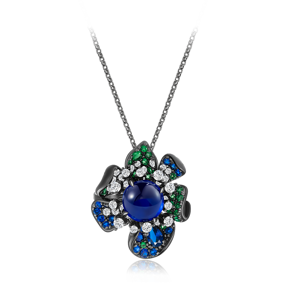 合成尖晶石N1400【黑花】镶嵌蛋面奢华通体925镀黑抢色项链45cm