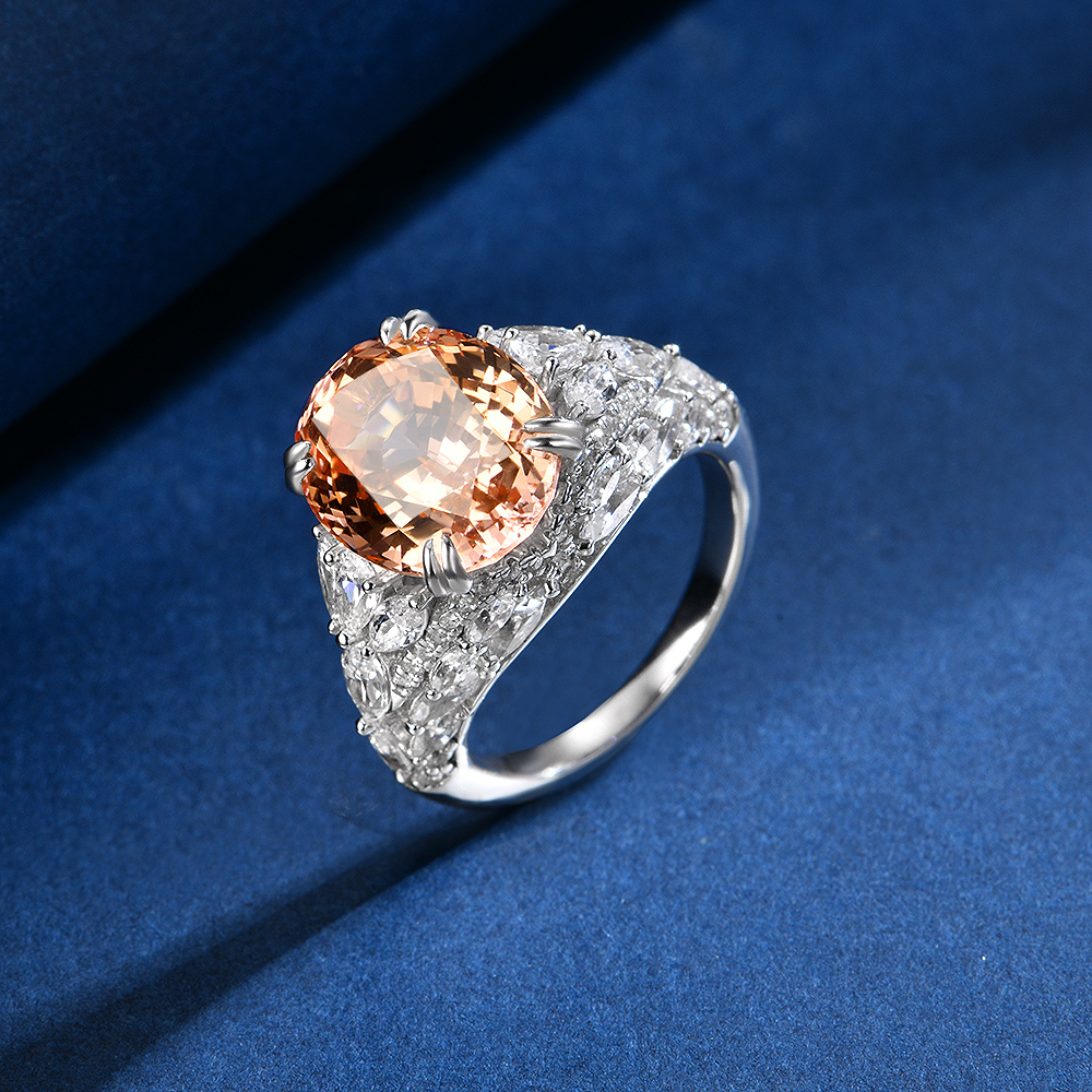 培育蓝宝石R3826【落日】镶蛋形帕帕拉恰色时尚精致戒指5-11#