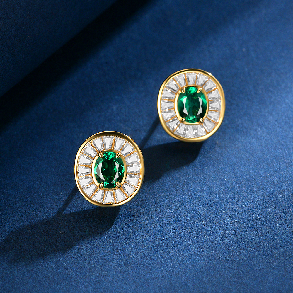 培育祖母绿E3409【金色海岸】木佐绿色镶嵌蛋形复古风金色轻奢耳钉