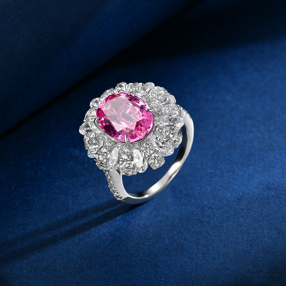 培育蓝宝石R4255 新款豪镶满钻蛋形热粉色时尚日常戒指4-11#