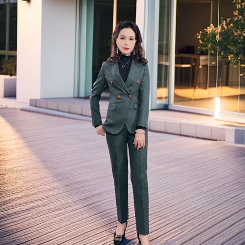 组合【菜绿/灰兰】秋冬新款加厚双排扣2025时尚气质修身显瘦女套装