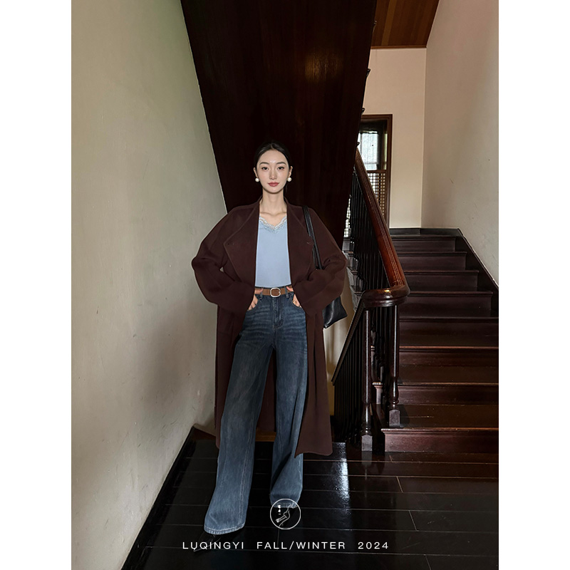 鹭青一原创【回声】复古重工水洗宽松加绒直筒牛仔裤女L24N7372B