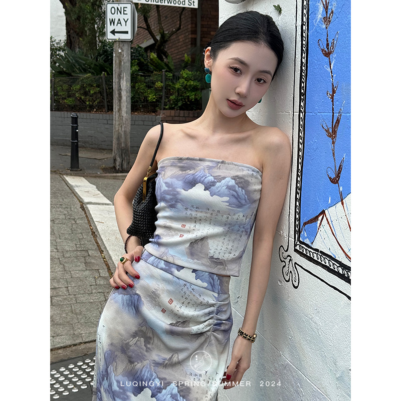 鹭青一原创【山水谈】新中式山水印花半身裙女春国风长裙L24Q1879HB