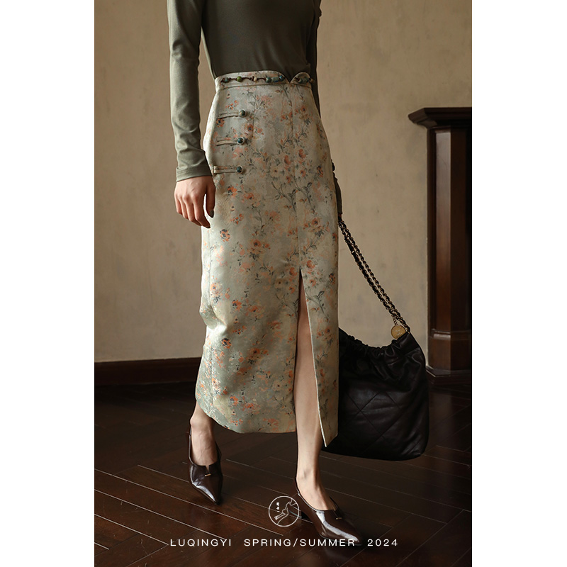 鹭青一原创【花满溪】新中式提花半身裙女手工串珠直筒裙L24Q7120B