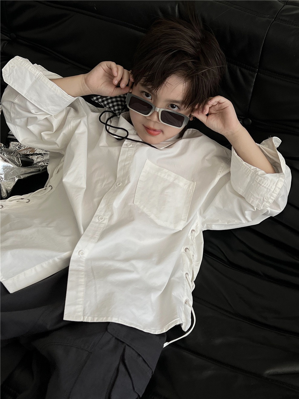2025秋款儿童衬衫 小众潮飘带加厚纯棉水洗男女童洋气白衬衣