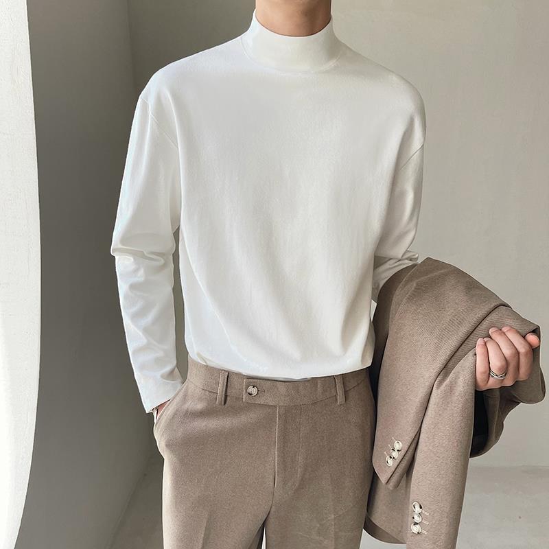 秋冬季半高领长袖恤男韩版宽松纯色中领打底衫休闲白色内搭上衣
