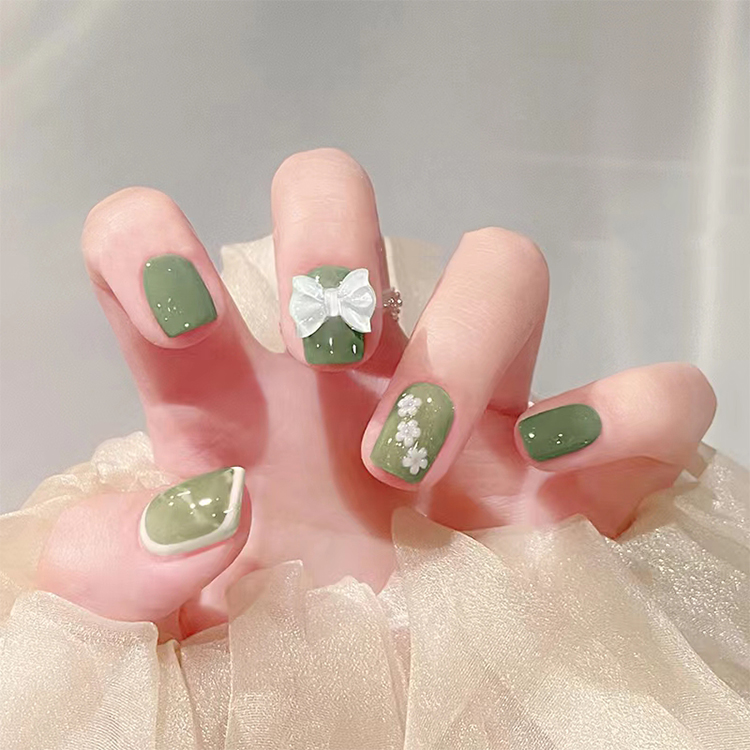 239温柔清新短款绿色晕染小花穿戴式美甲贴夏日气质指甲贴MJ239
