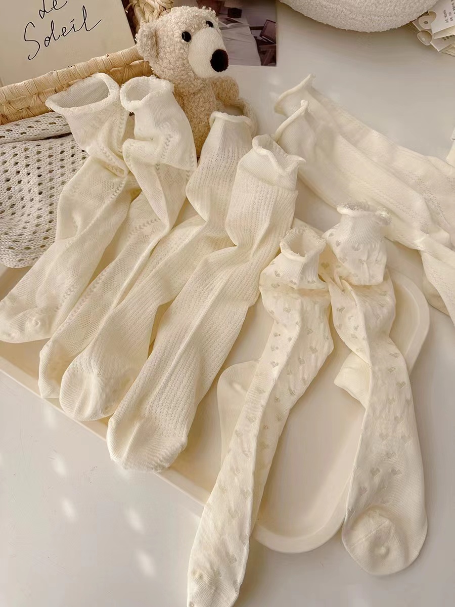夏季薄款镂空卷边纯色袜子 网眼中筒袜爱心小皮鞋棉长袜JK日系