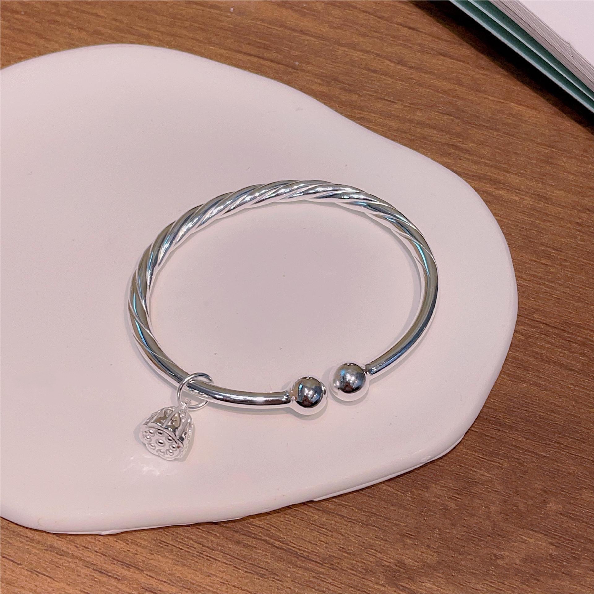 足银手镯 36号 麻花开口实心圆球莲蓬对珠纯银手镯