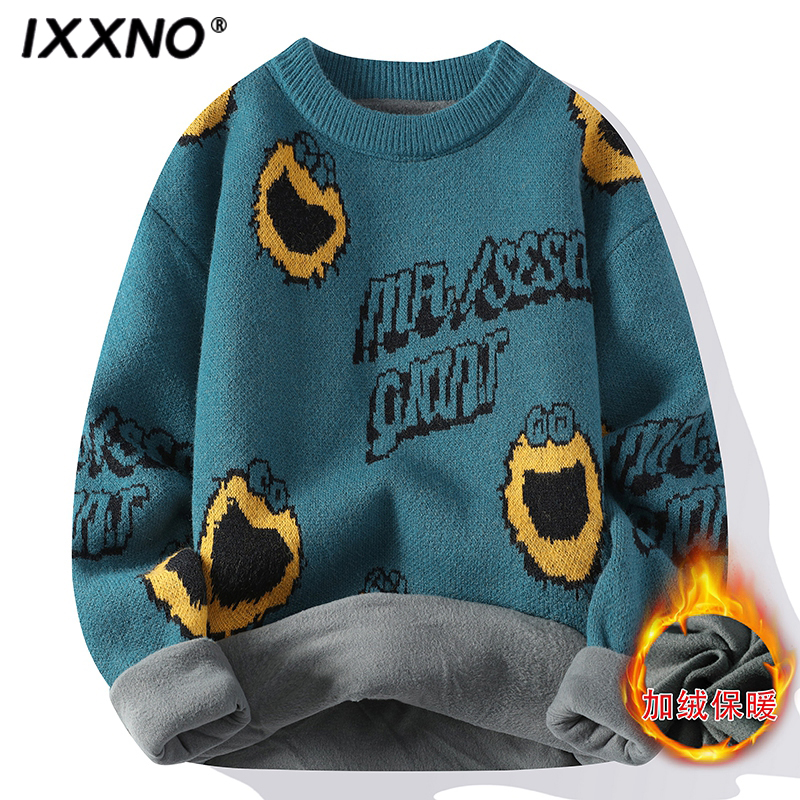 男士加绒加厚保暖毛衣青少年宽松休闲圆领针织衫学生慵懒风毛线衣