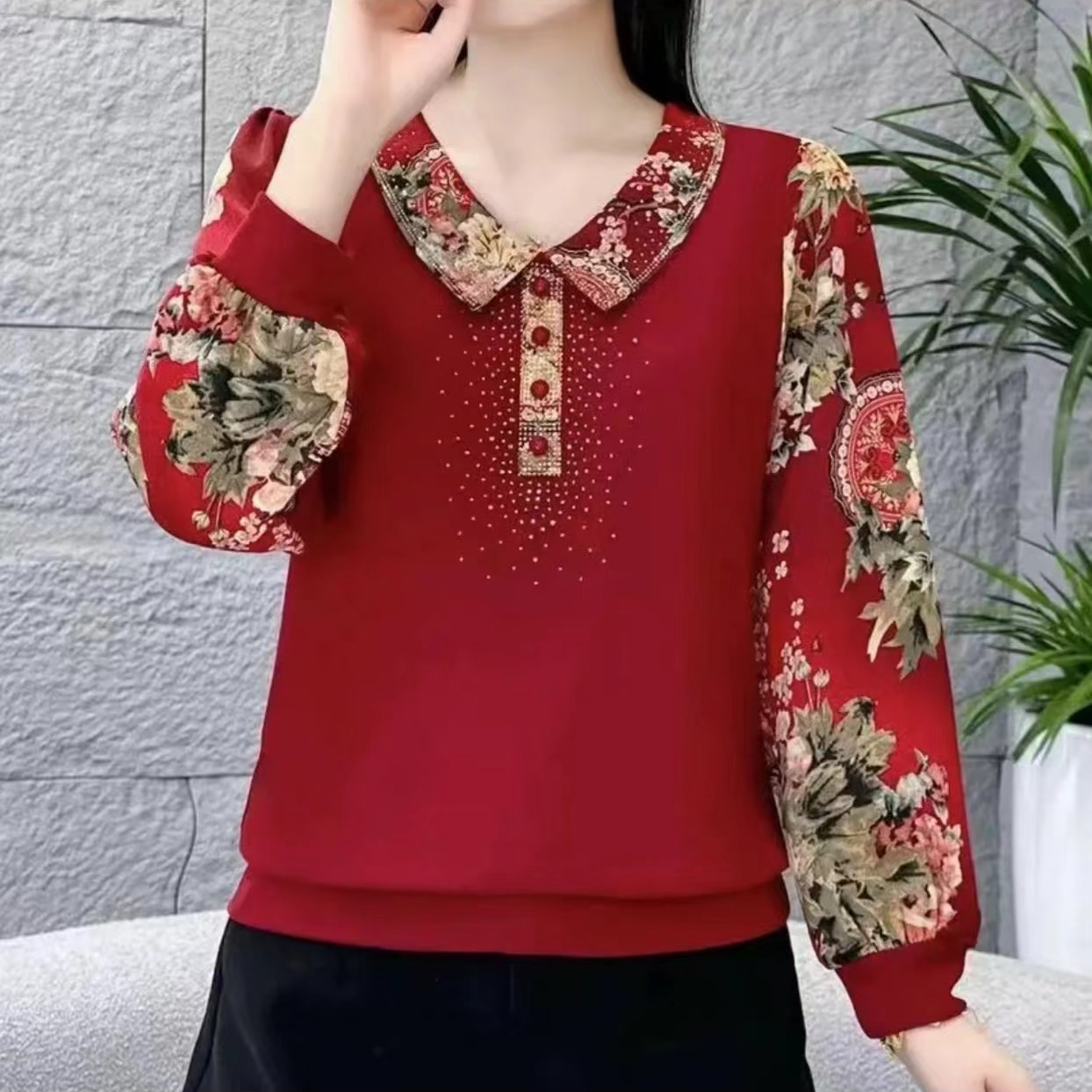 春季长袖衬衫妈妈装打底时尚洋气休闲遮肚减龄拼接女士春秋