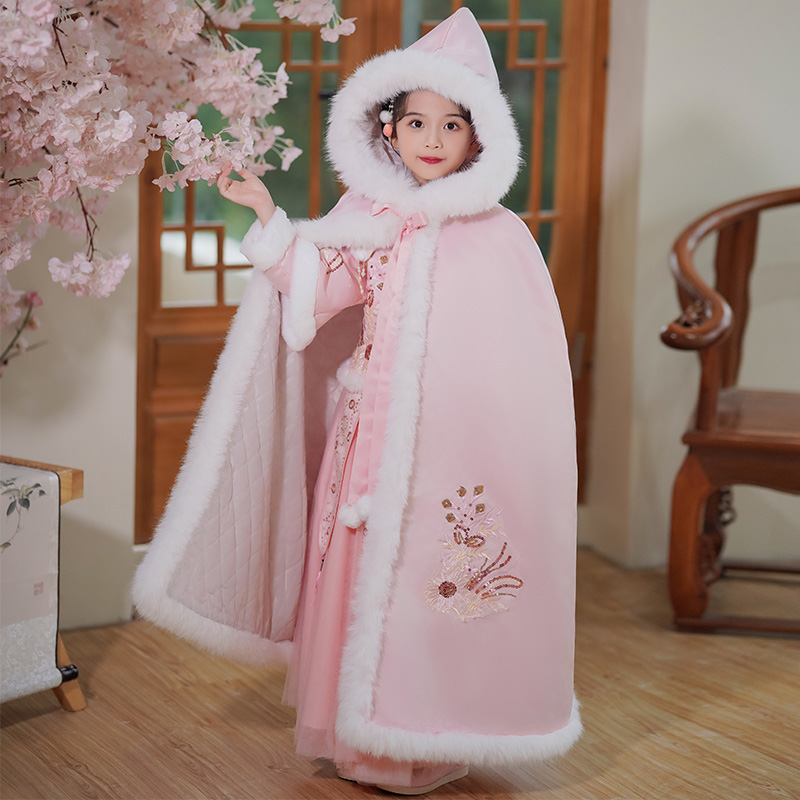 汉服女童披风冬款加厚保暖儿童唐装过年拜年服冬季斗篷套装小女孩