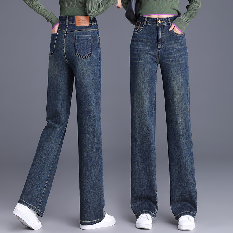宽松显瘦直筒牛仔裤女款爆款高腰正版休闲秋冬微弹保暖裤蓝色长裤