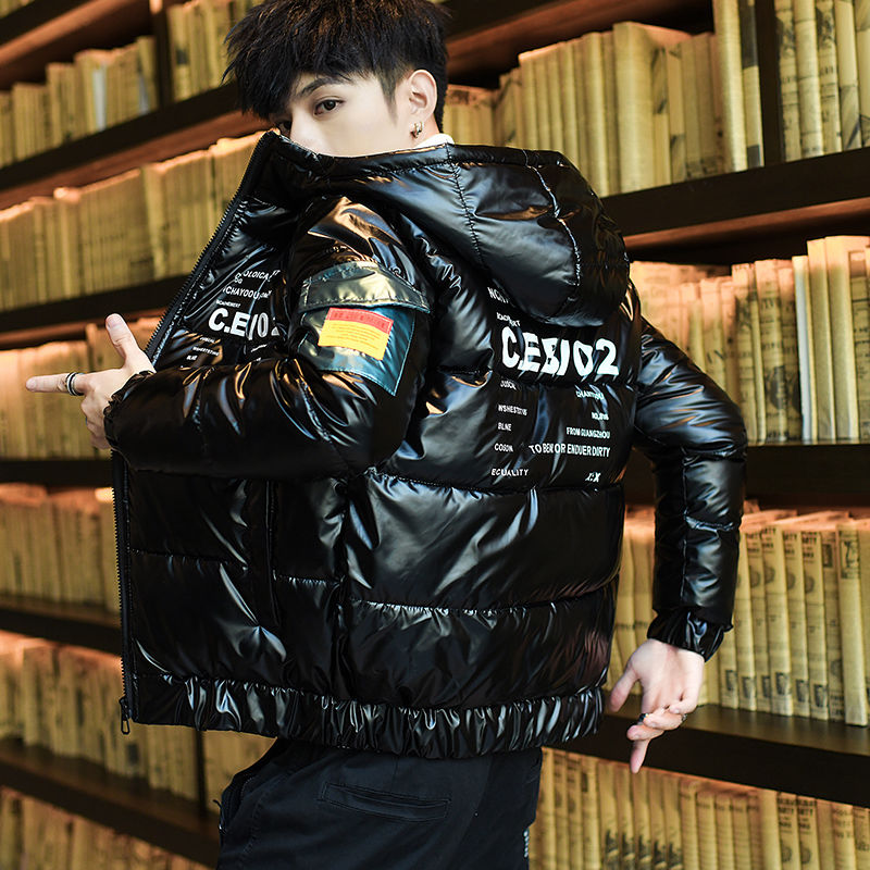 爆款亮面羽绒衣棉男士短款连帽亮皮羽绒衣棉2023新款韩版潮流冬款