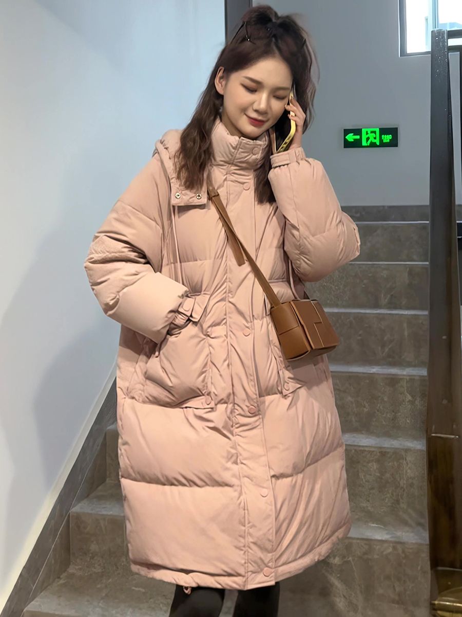 韩系大版羽绒服女中长款2023冬季新款连帽大口袋白鸭绒加厚外套款
