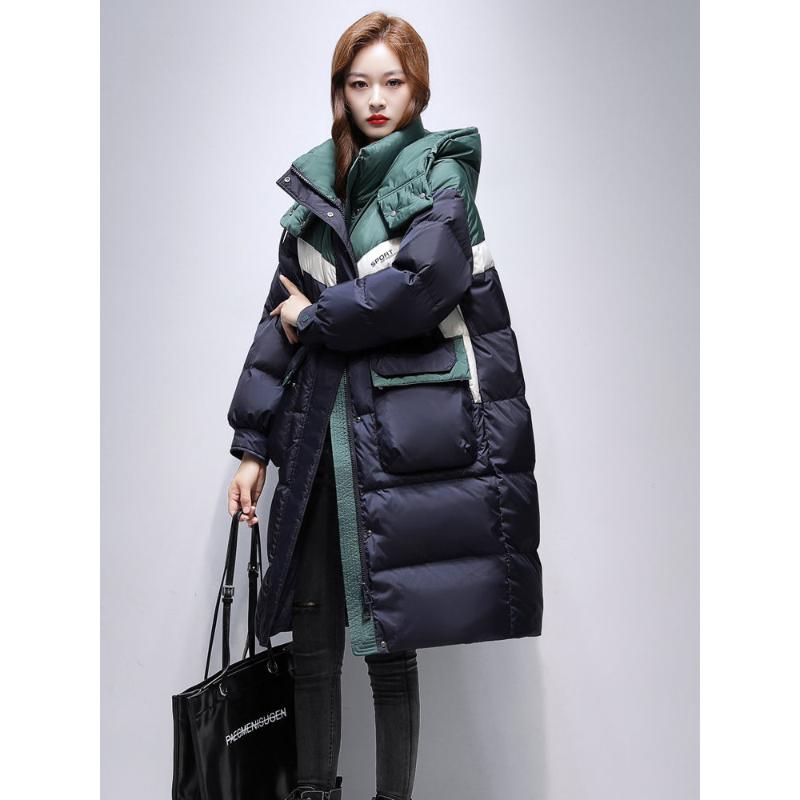 90白鸭绒羽绒服女长款加厚2023冬季新款过膝撞色拼接时尚连帽外款
