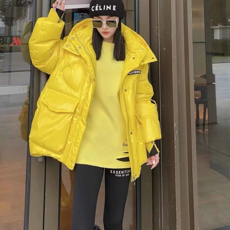 2023冬季新款韩版亮面羽绒服女黄色短款免洗连帽小个子白鸭绒外款