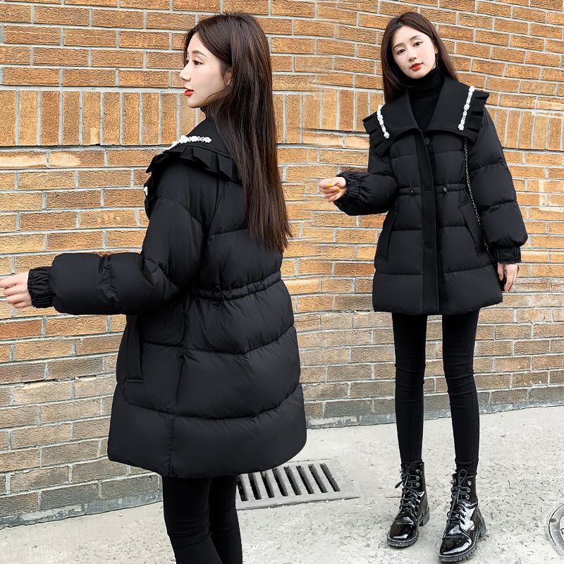 2023新款女装冬季收腰中长款羽绒服女黑色显瘦钉珠娃娃领外套女款