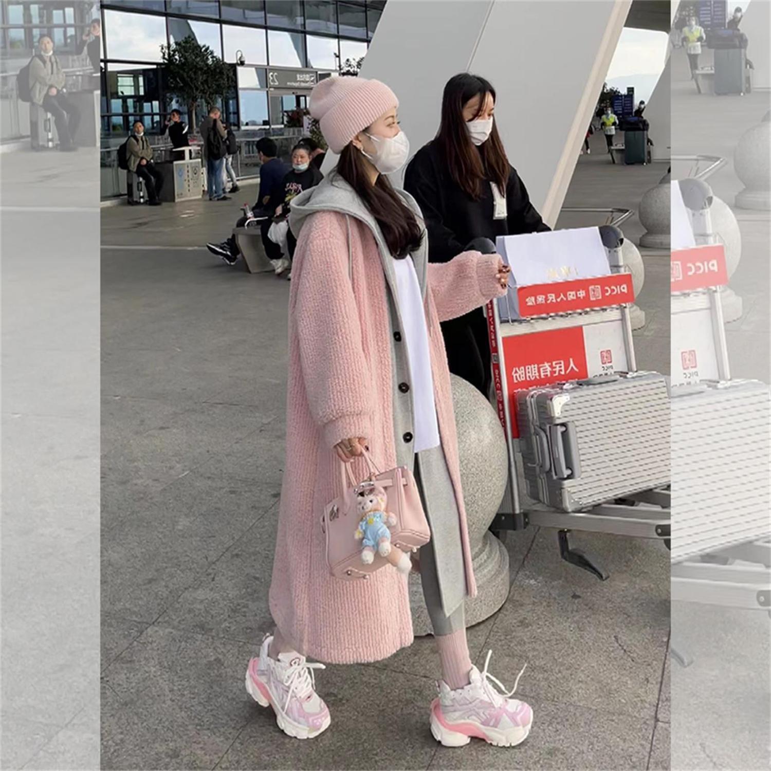 毛茸茸假两件连帽开衫外套女秋冬季加绒加厚保暖中长款毛绒大衣款