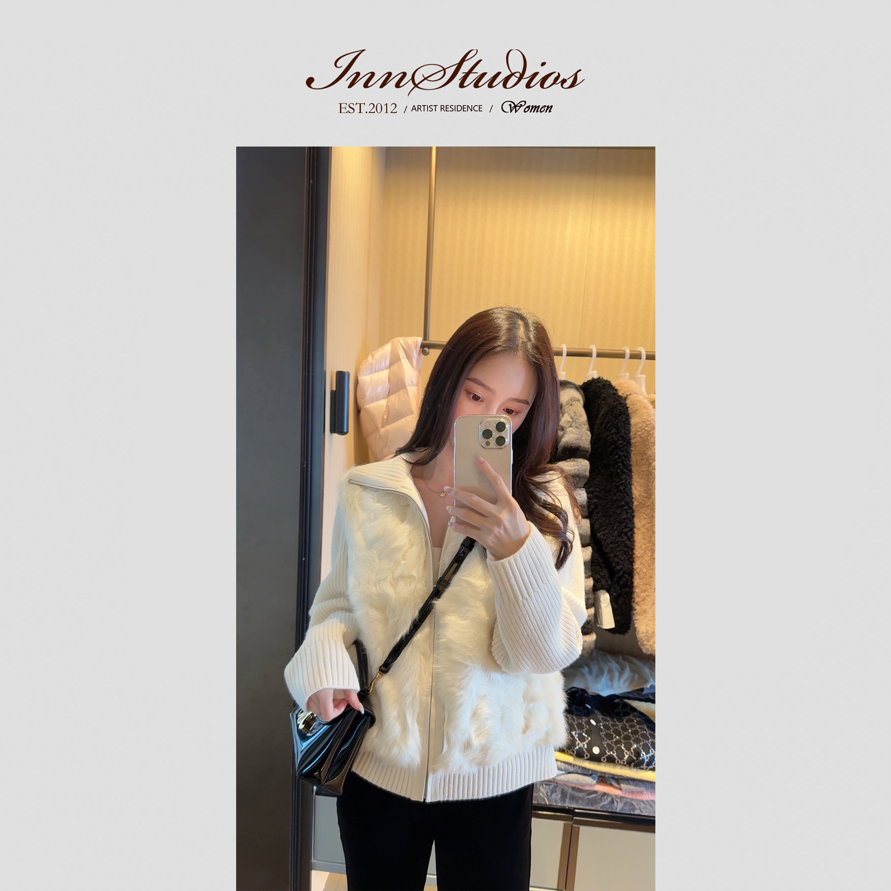 Innstudios 白色小狐羊拼接鹅绒服外套