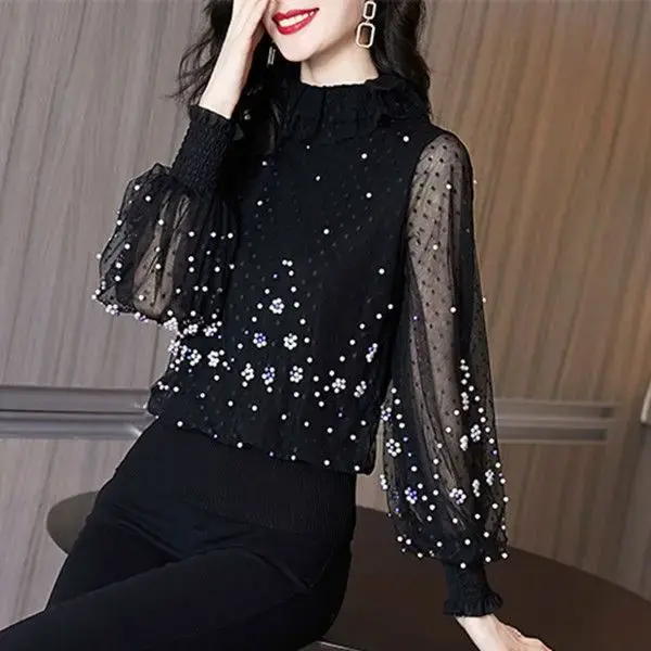 2024春季新款洋气轻熟风半高领灯笼长袖网纱内搭打底衫女人味上衣