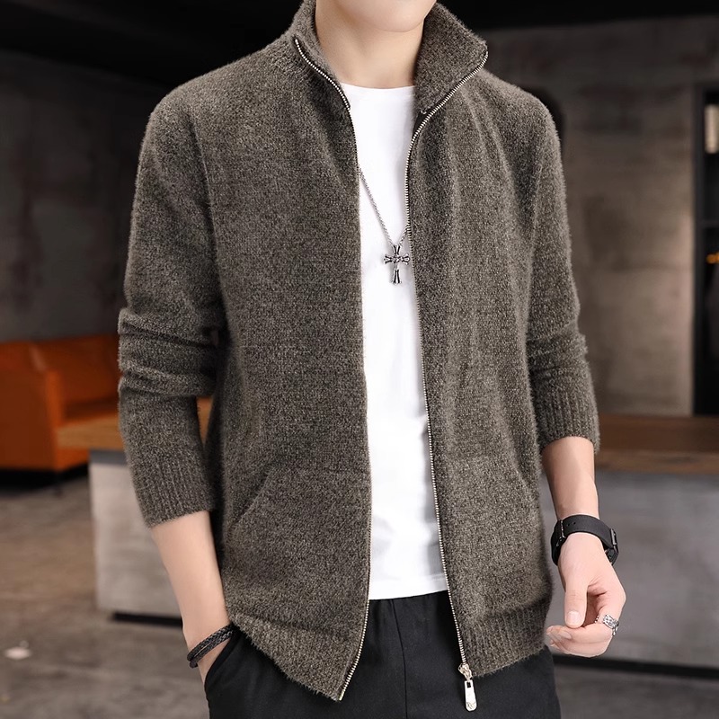 潮牌男士夹克外套秋冬季水貂绒潮流韩版立领宽松百搭针织开衫上衣