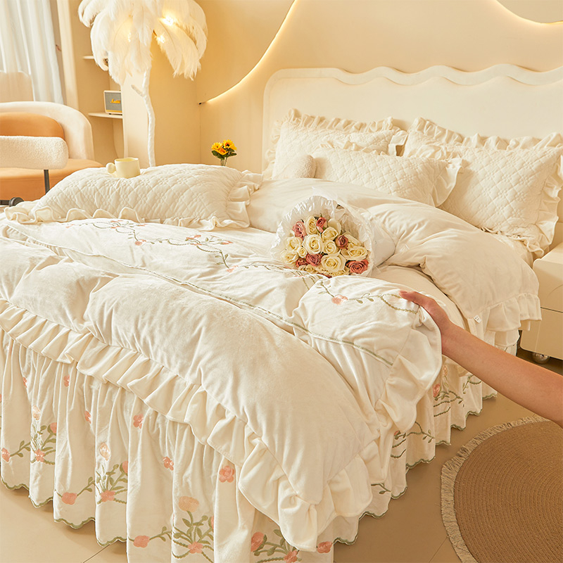 宝宝绒刺绣床裙牛奶绒四件套加绒公主风双面绒被罩床单加厚韩式