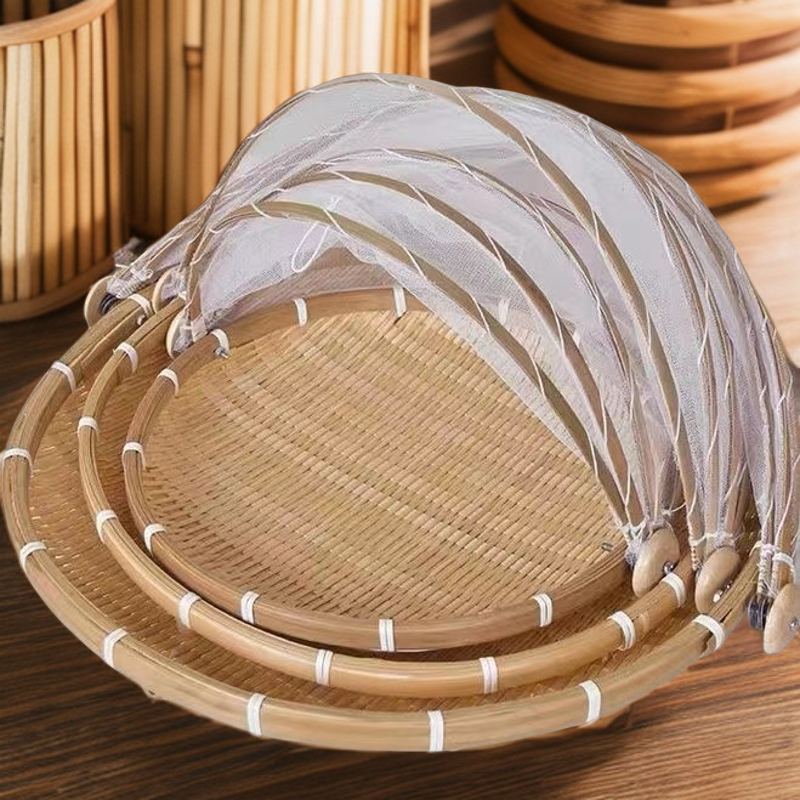 农家竹编制品 防虫竹编筐 防尘晾晒带网簸箕 晒干菜 尺寸可以选购