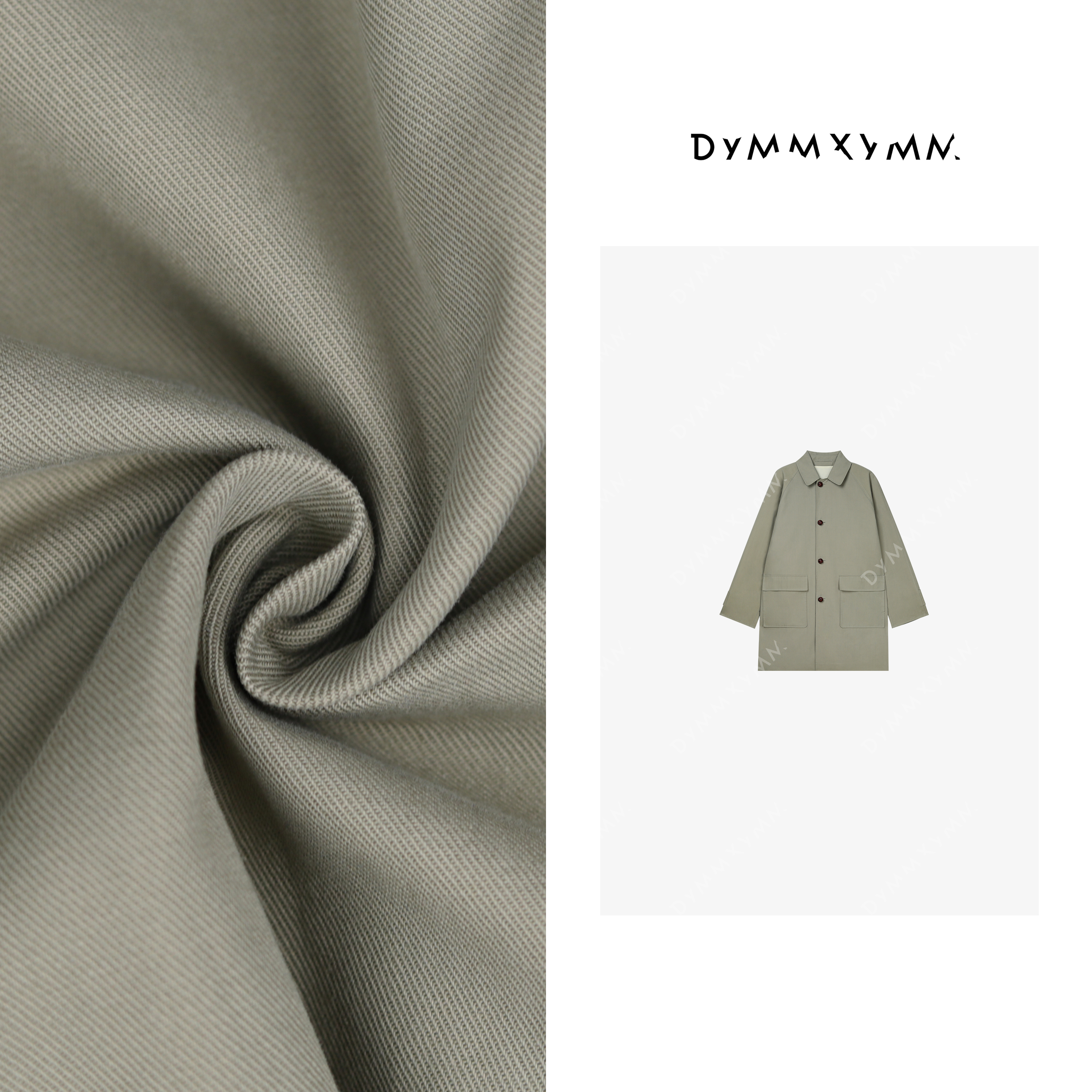 【DYMMXYMM】-宝丽·设计师高级感灰绿色翻领中长款风衣外套-FWF0245