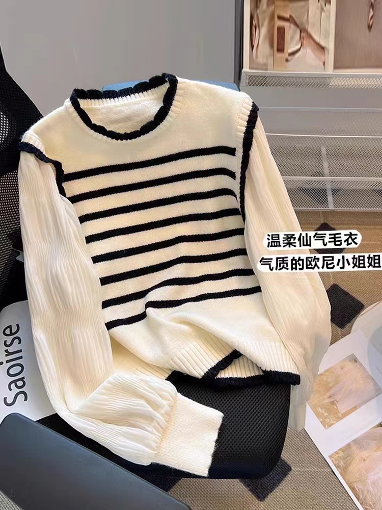 （过款扣号链接）法式拼接条纹秋冬气质时尚小姐姐百搭显瘦针织衫