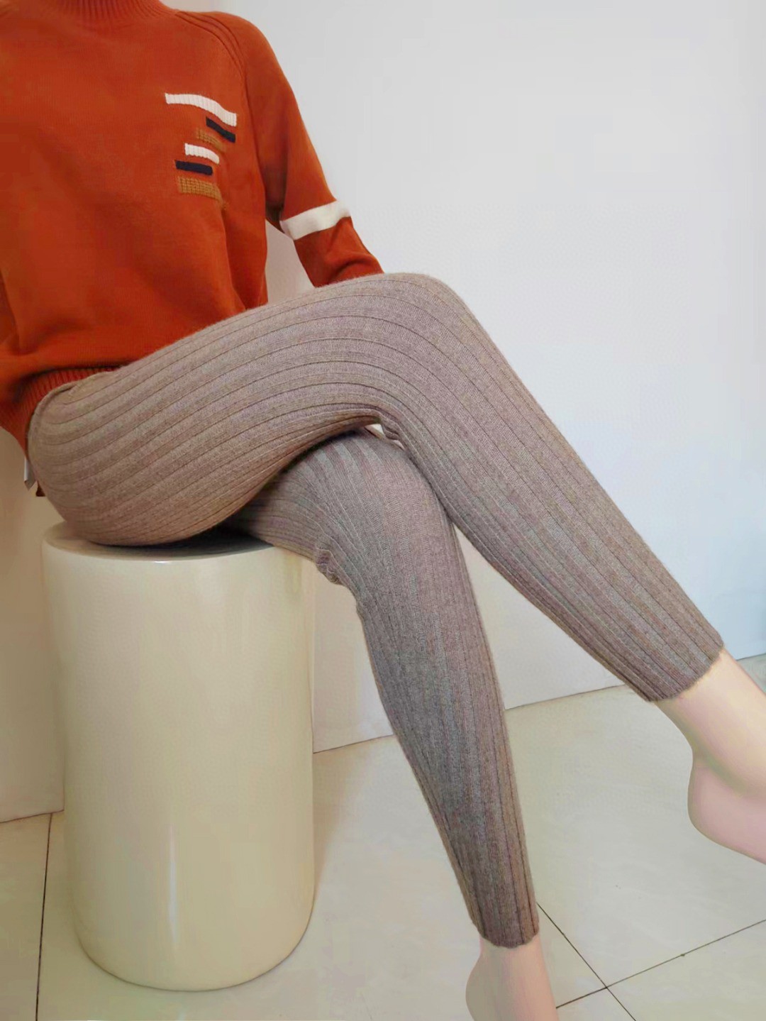 100%山羊绒抽条女裤高弹力修身款外穿打底内穿亲肤打底裤裤子显瘦