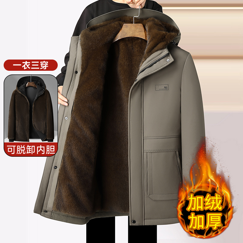 冬季男士派克仿貂绒加厚抗寒保暖棉衣中老年爸爸装中长款内胆脱卸