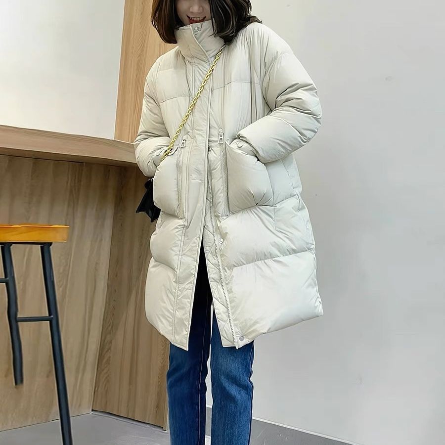 冬季新款羽绒服女中长款90白鸭绒立领宽松百搭加厚简约面包服外套