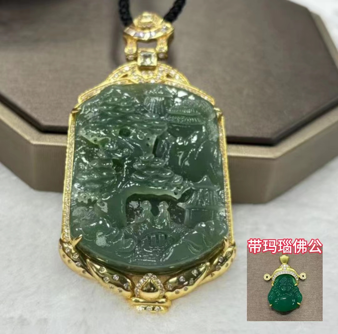 和田玉碧玉 银S925镶嵌 山水牌 带绿佛公 带礼盒 带证书   FYC1