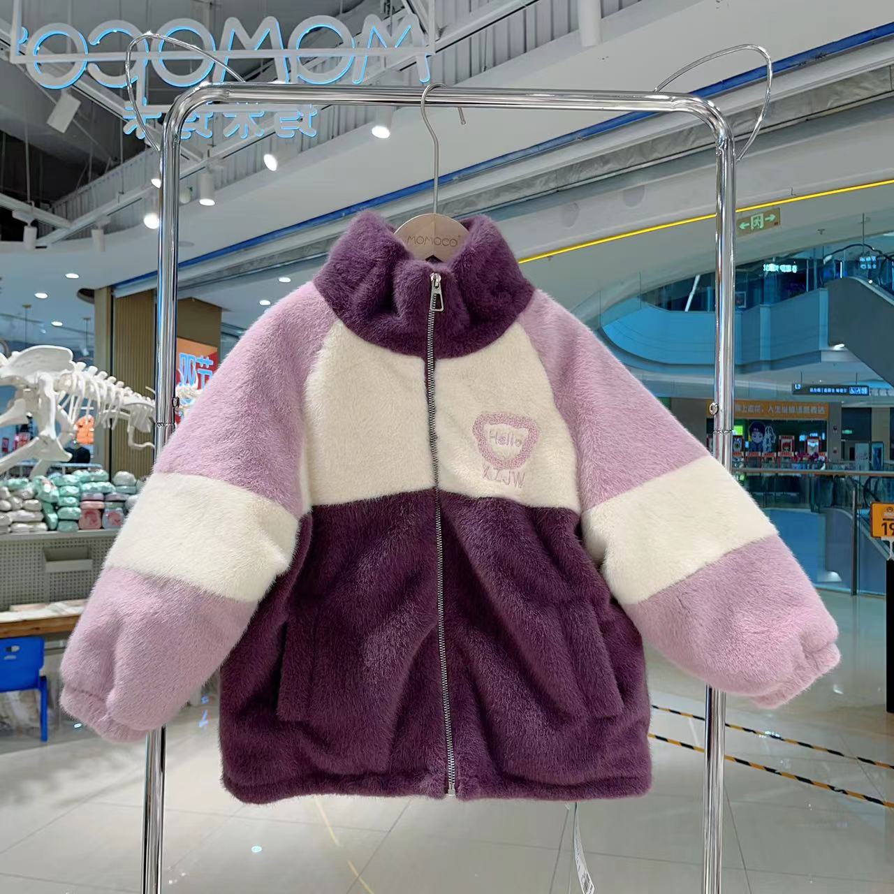 MOMOCO女童冬季加绒韩版拼接刺绣毛毛外套76830123222