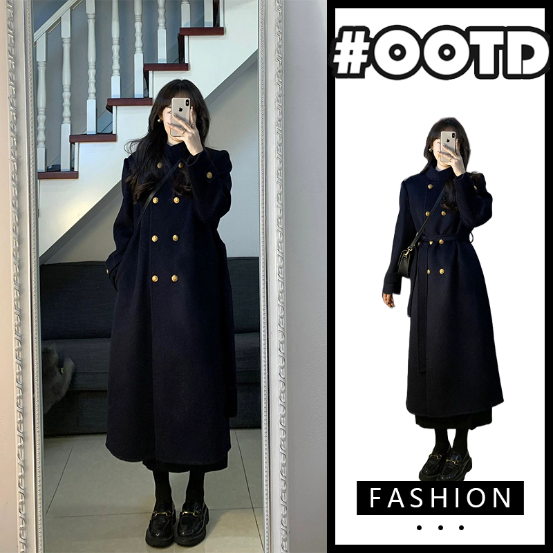 毛呢外套女冬季英伦风高级中长款赫本风系带收腰显瘦双面呢子大衣