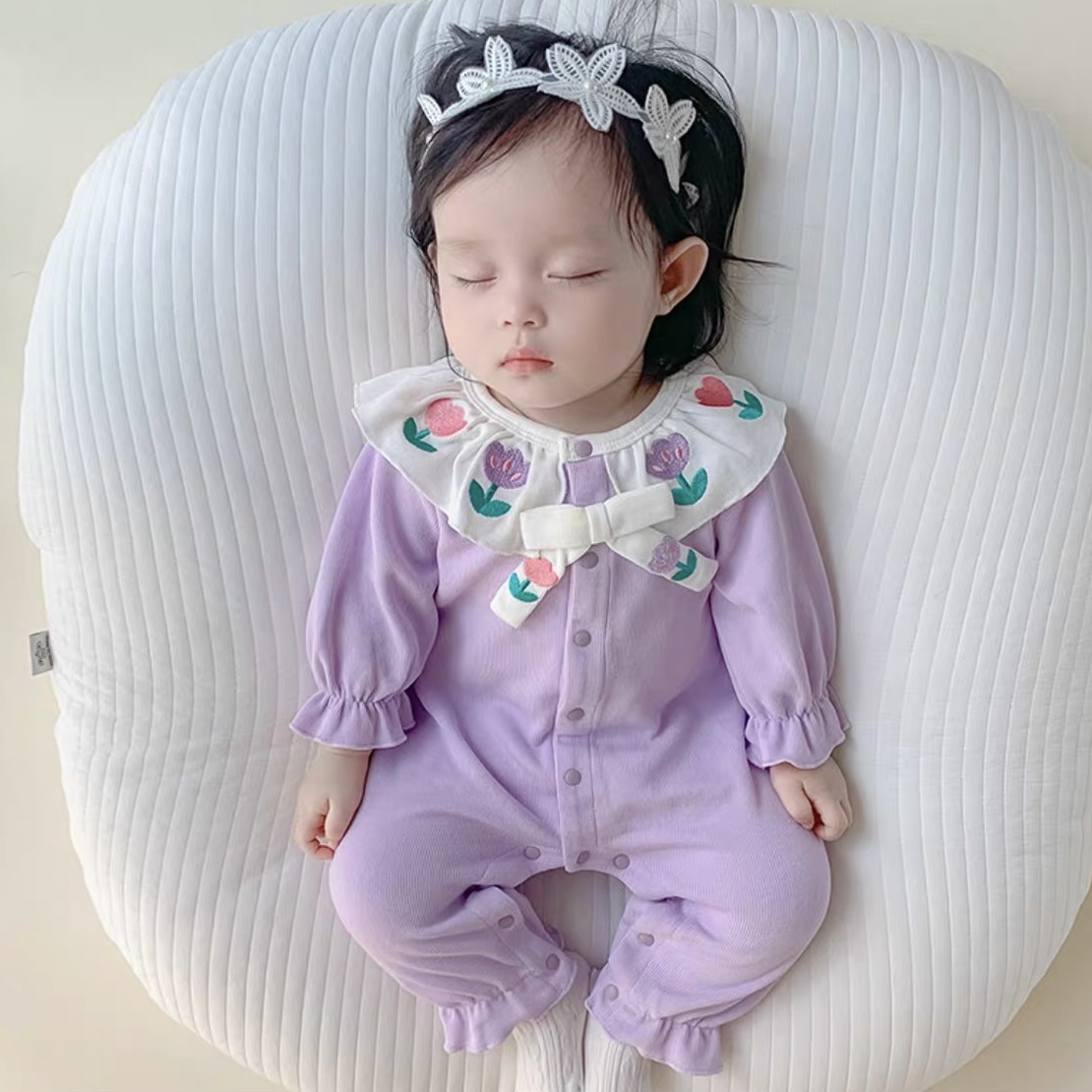 2025婴儿春秋装女宝宝甜美公主郁金香长袖哈衣浅浅紫色爬服外出服