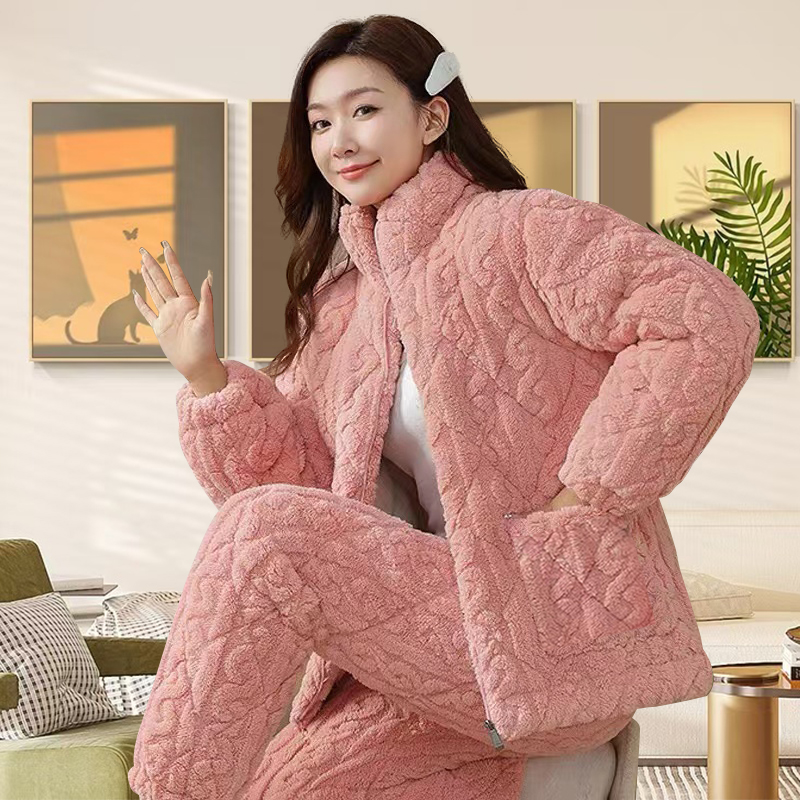 冬季女士三层夹棉睡衣加厚加绒拉链法兰绒保暖冬款时尚家居服套装