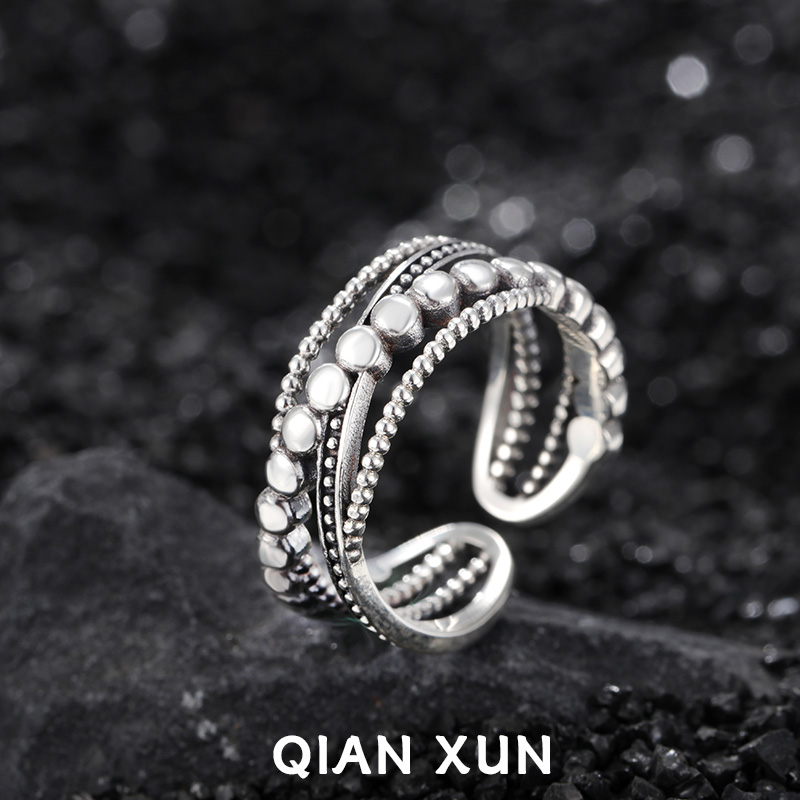 925银戒指 【缠绕】线条交叉戒指甜酷叠戴圆珠开口指环