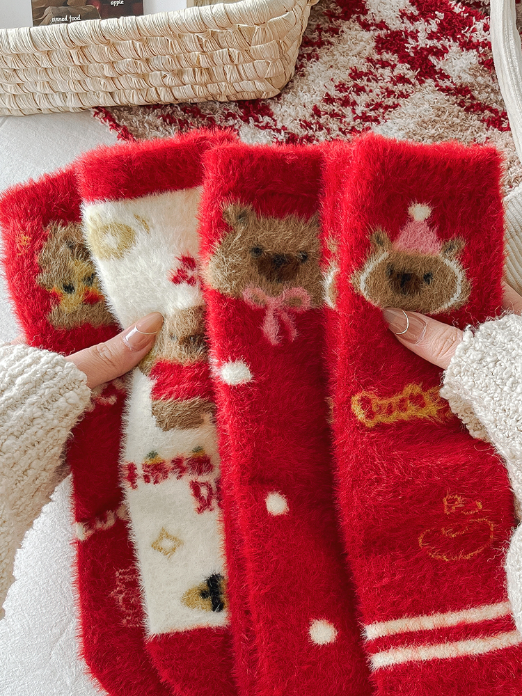 本命年红袜子女秋冬季加绒加厚保暖水貂绒中筒袜2025蛇年新年长袜