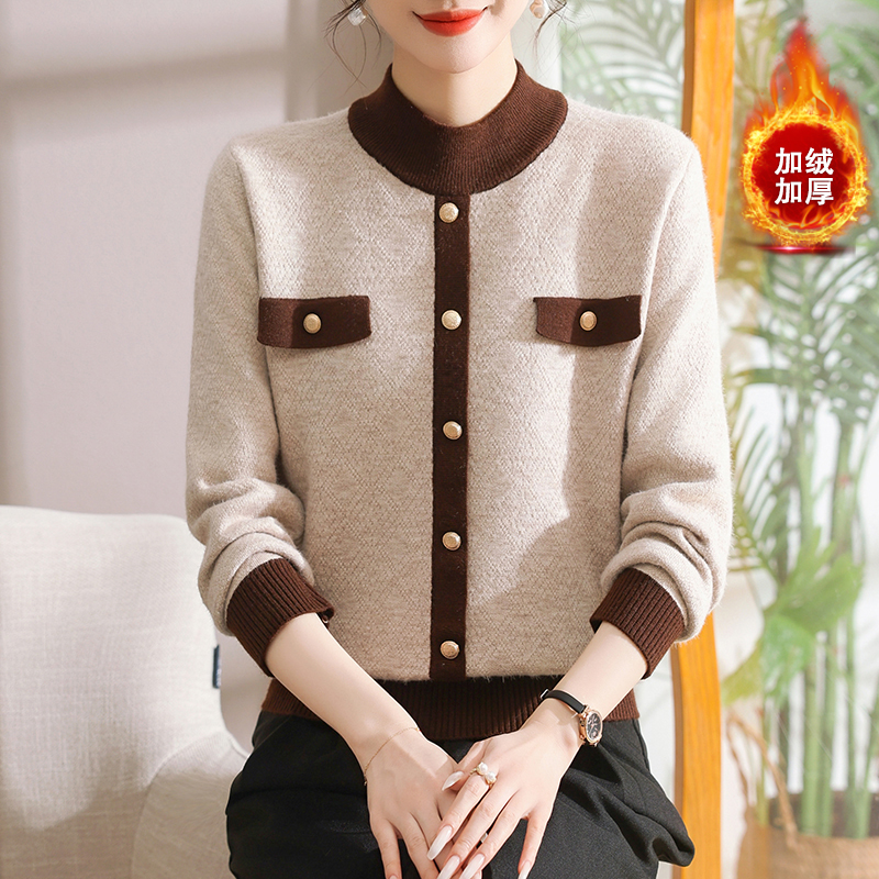 妈妈装秋冬加绒加厚针织上衣2024新款中老年时尚半高领一体绒毛衣