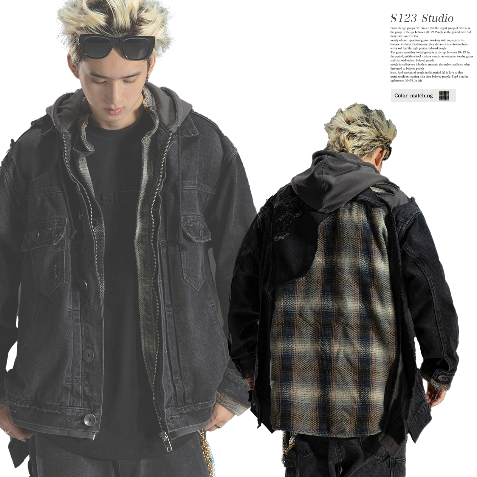 S123红人上新【层次破坏】个性工装连帽牛仔外套男潮流宽松开衫夹克