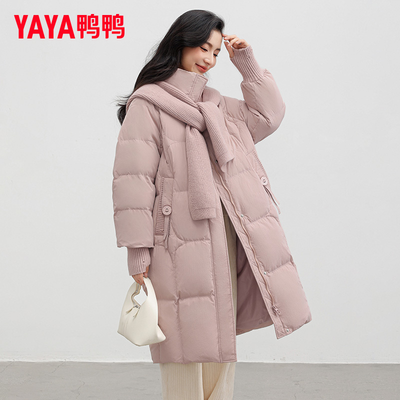 YAYA/鸭鸭羽绒服女中长款配围巾时尚连帽宽松加厚外套YE3B627241A