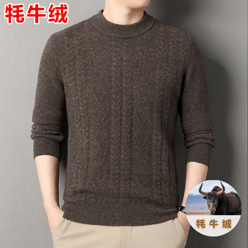 牦牛绒衫男半高领冬季加厚保暖提花纯毛牛绒高档休闲厚款打底衫