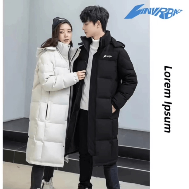 【品牌】正品秋冬连帽白鸭绒羽绒服男女同款加厚中长款情侣定制LOGO