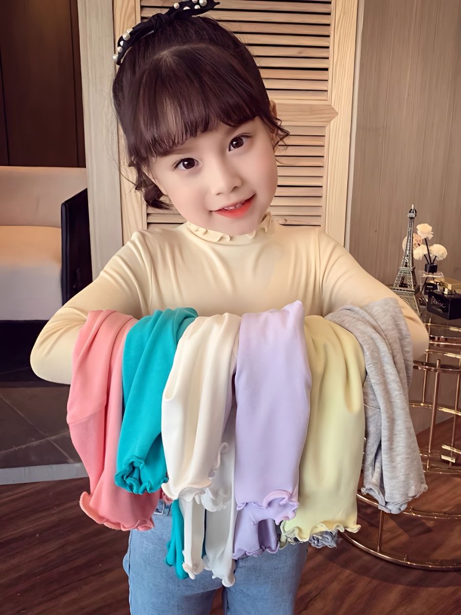 女童打底衫春秋百搭新款儿童潮流木耳边纯色长袖T恤大中小童上衣