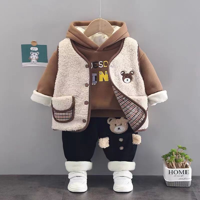 【爱娃】宝宝冬装套装2023新款男小童加绒加厚卫衣三件套婴儿童JC99